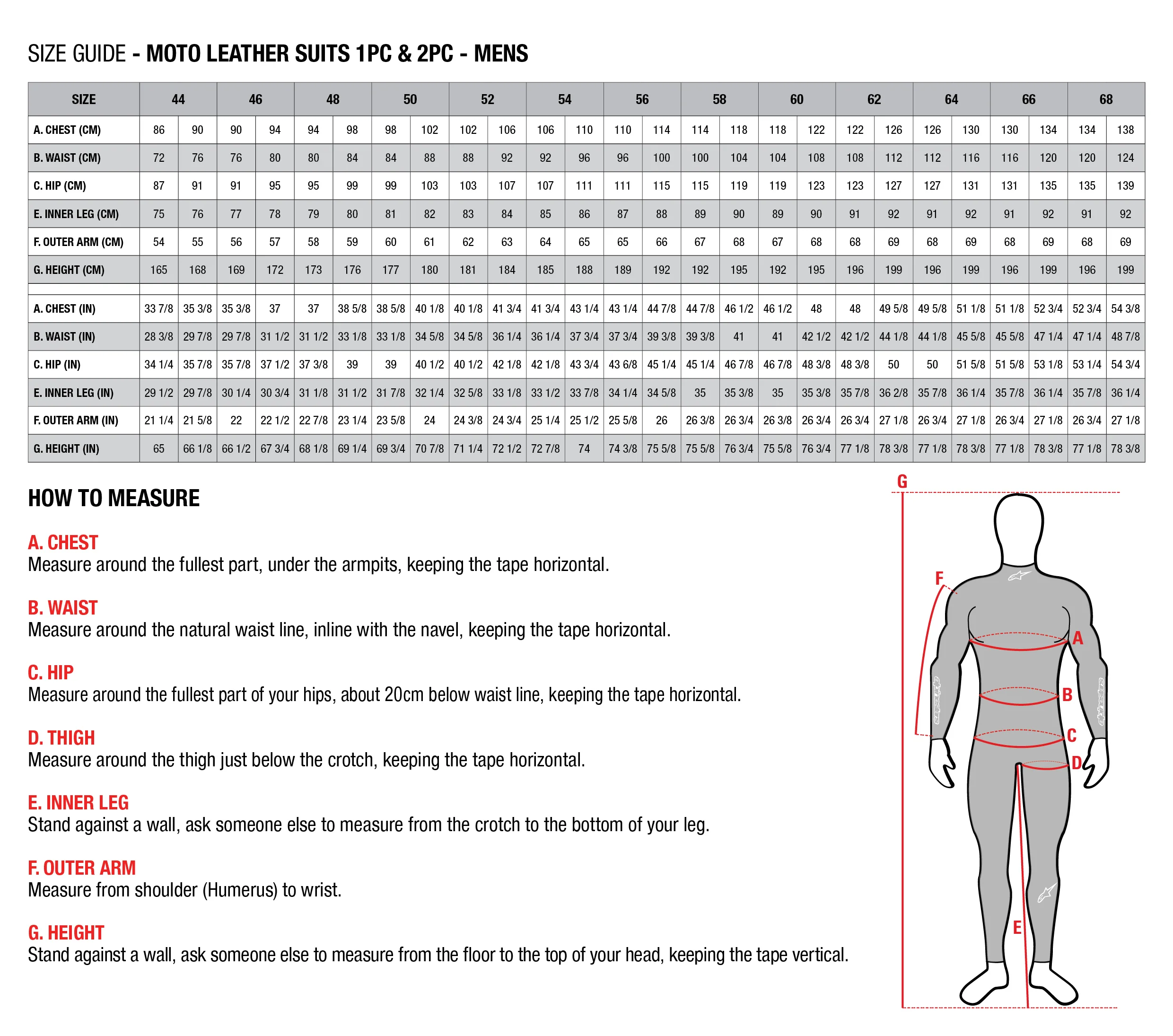 alpinestars suit size guide usa